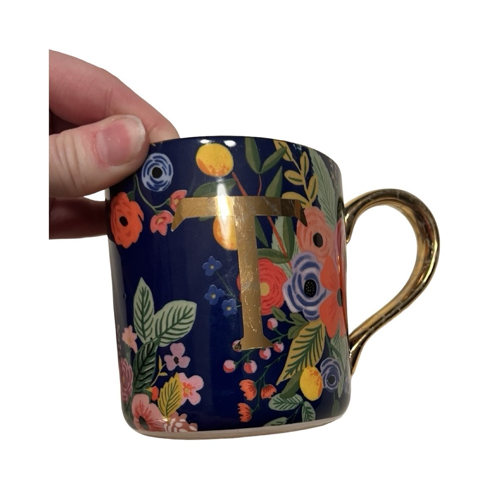Rifle Paper Co for Anthropologie Floral Monogram Letter T Navy Gold Ceramic Mug